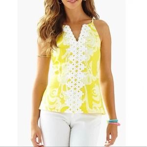 Lilly Pulitzer Magnolia Halter Tank in Embroidered Jacquard Yellow Floral size 6